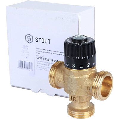 Клапан смесительный Stout термостатический для систем отопления и ГВС 1  НР 30-65С KV 1,8, центральное смешивание